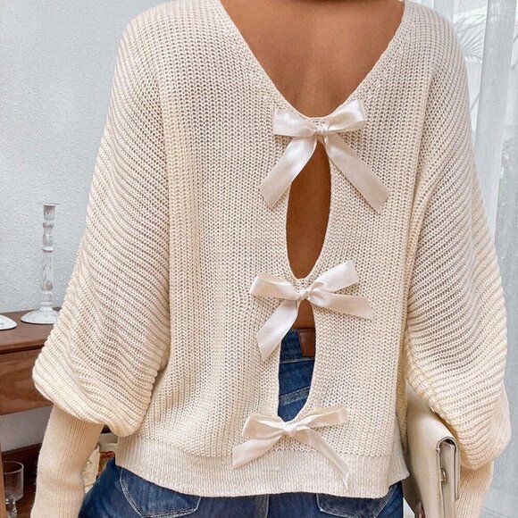 Apricot Casual Women's V-Neck Loose Fit Long Sleeve Sweater With Back Strap - Picture 2 of 6